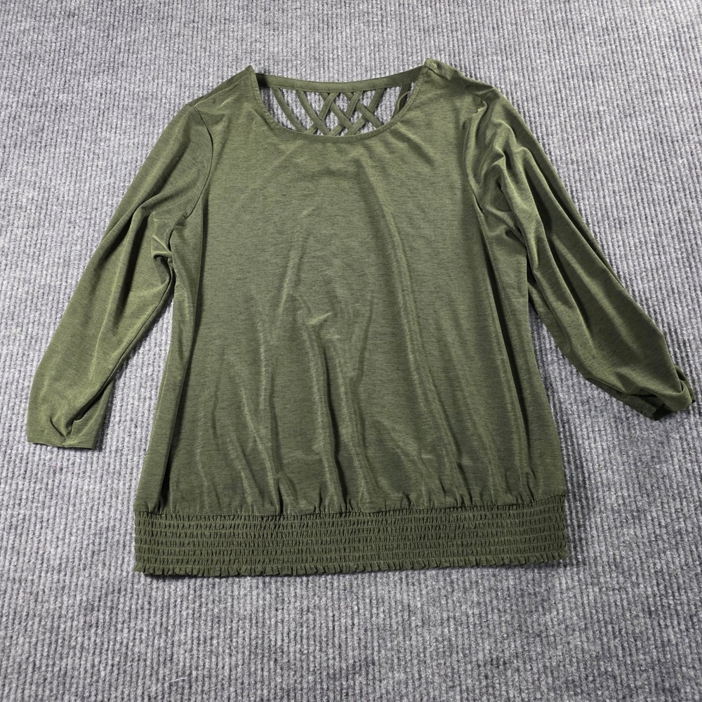 Apt. 9 Womens XL Olive Green Lattice Back Smocked Hem 3/4 Sleeve Blouse Top